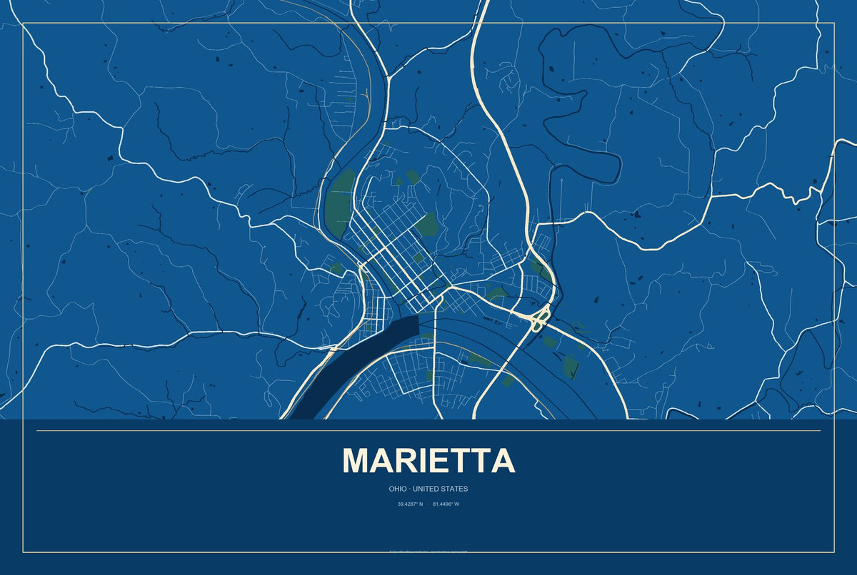 Marietta, Ohio City Map Aluminum Sign in Harbor Cobalt style