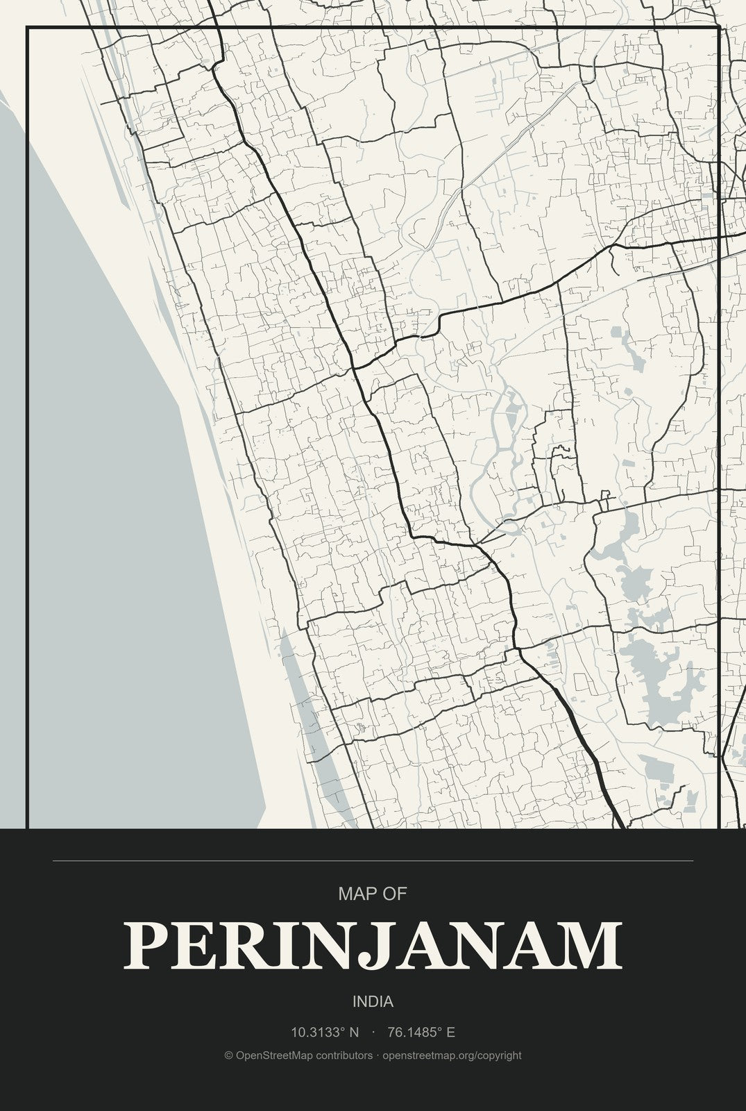 Perinjanam, India City Map Aluminum Sign in Museum Plaque style