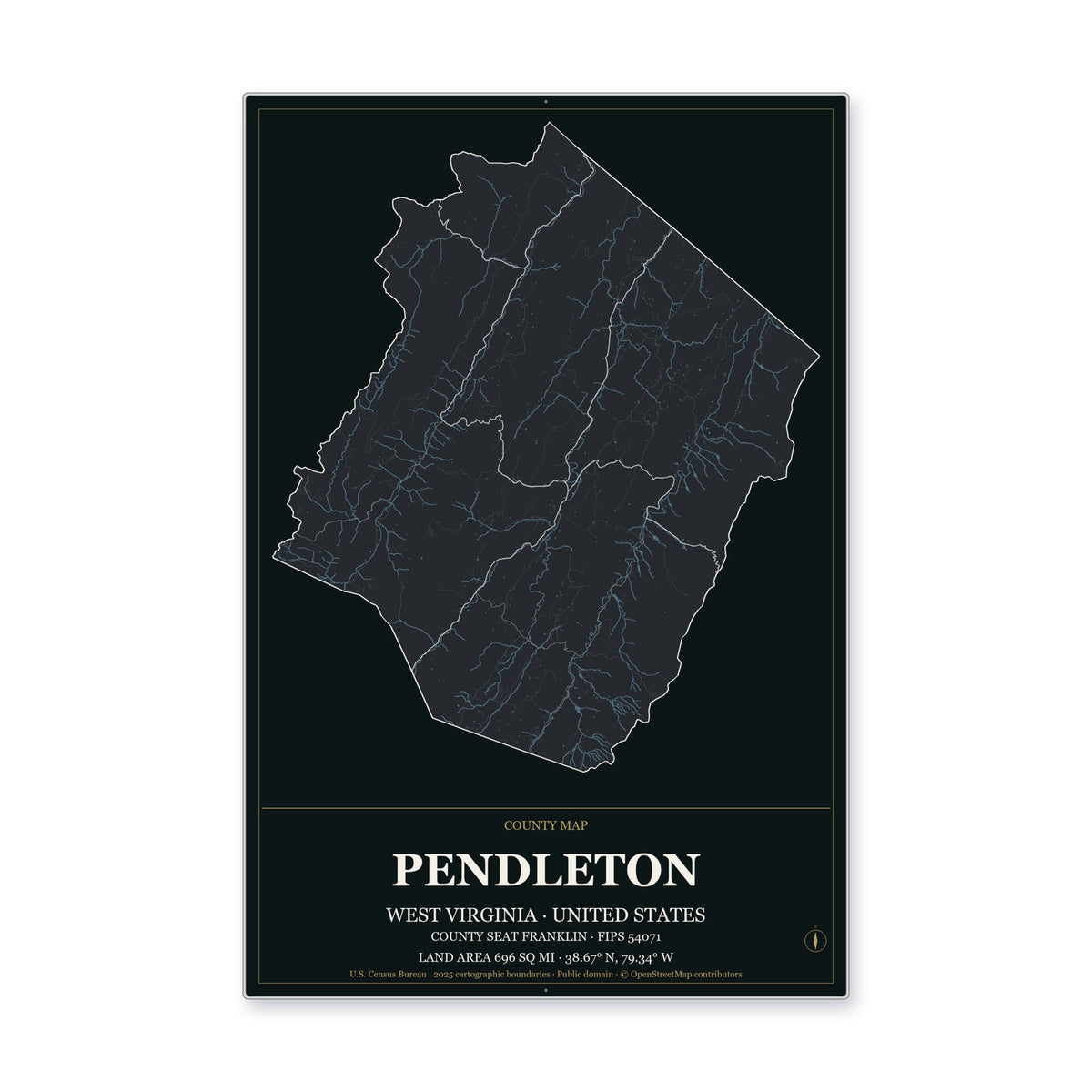 Pendleton County, West Virginia Map Aluminum Sign in Metropolitan Noir style
