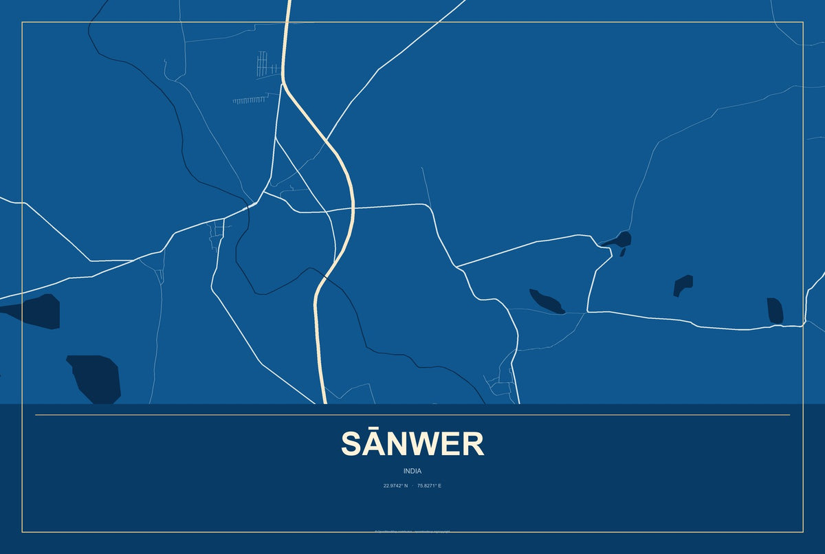 Sānwer, India City Map Aluminum Sign in Harbor Cobalt style