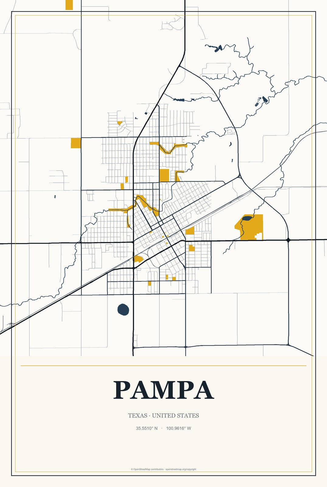 Pampa, Texas City Map Aluminum Sign in Citrine Modern style