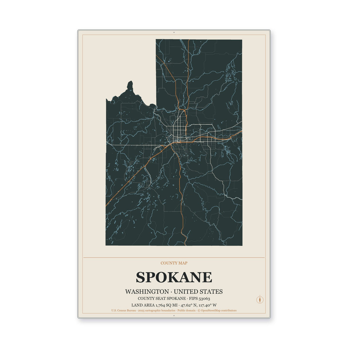Spokane County, Washington Map Aluminum Sign in Headline Atlas style