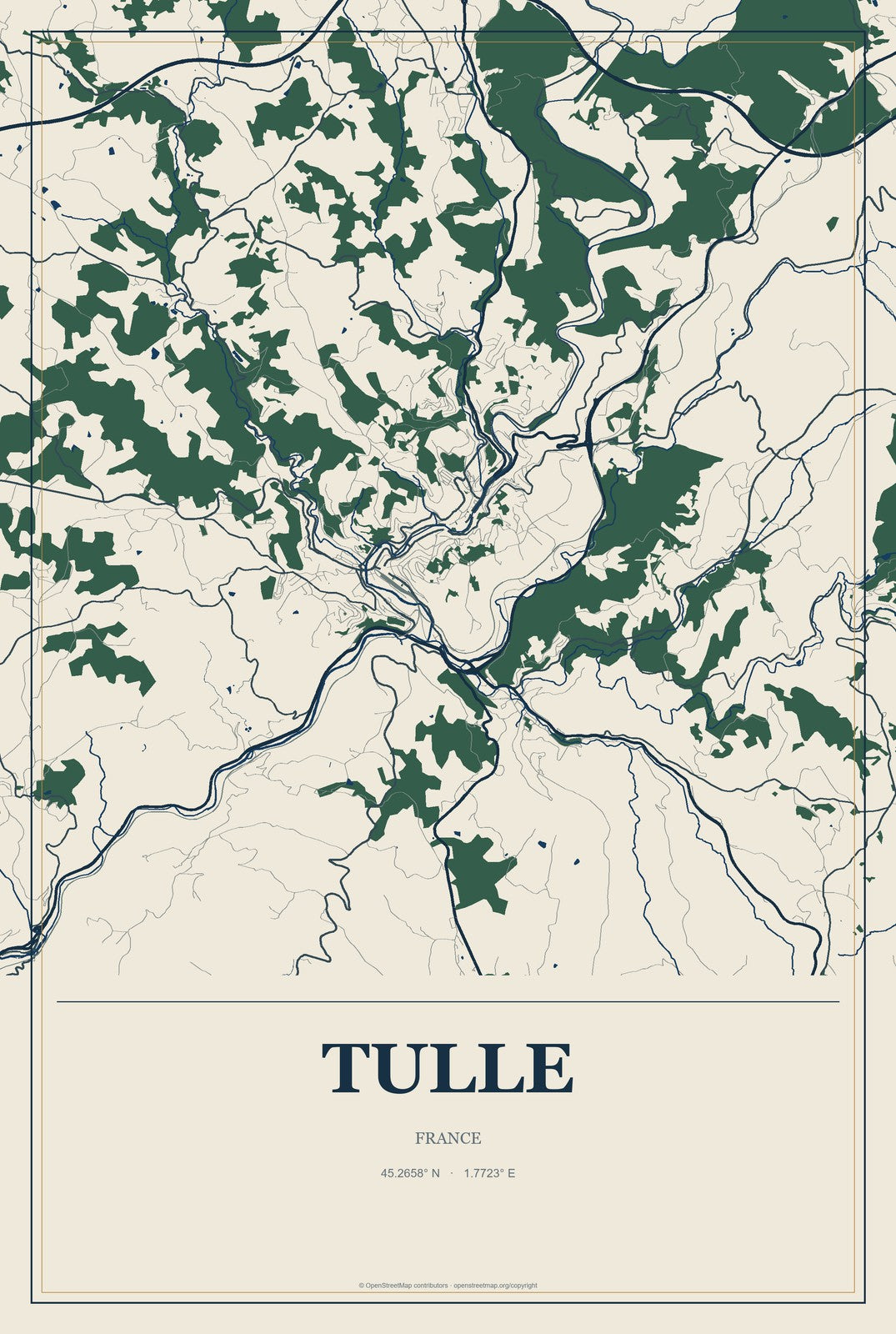 Tulle, France City Map Aluminum Sign in Coastal Cutout style