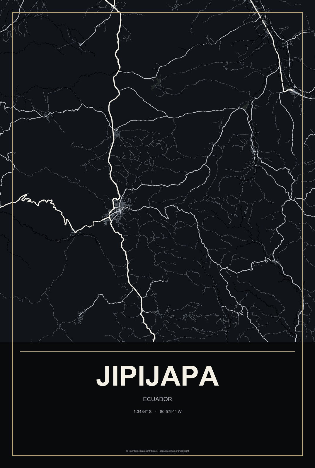 Jipijapa, Ecuador City Map Aluminum Sign in Metropolitan Noir style