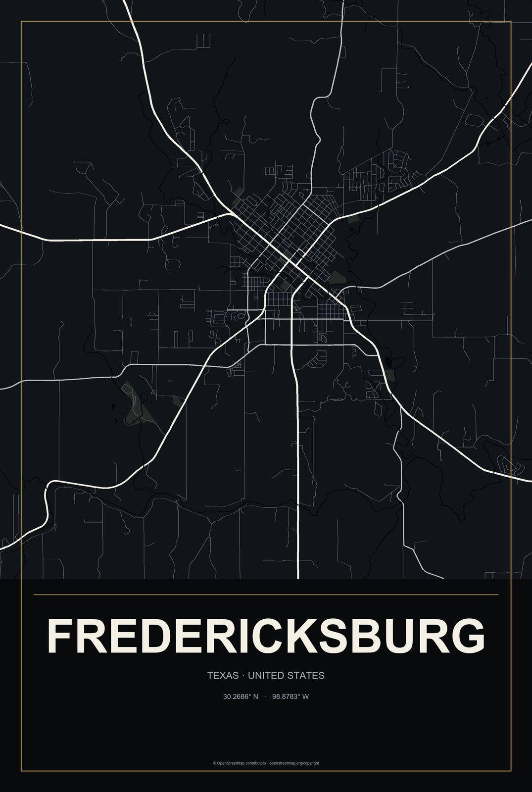 Fredericksburg, Texas City Map Aluminum Sign in Metropolitan Noir style