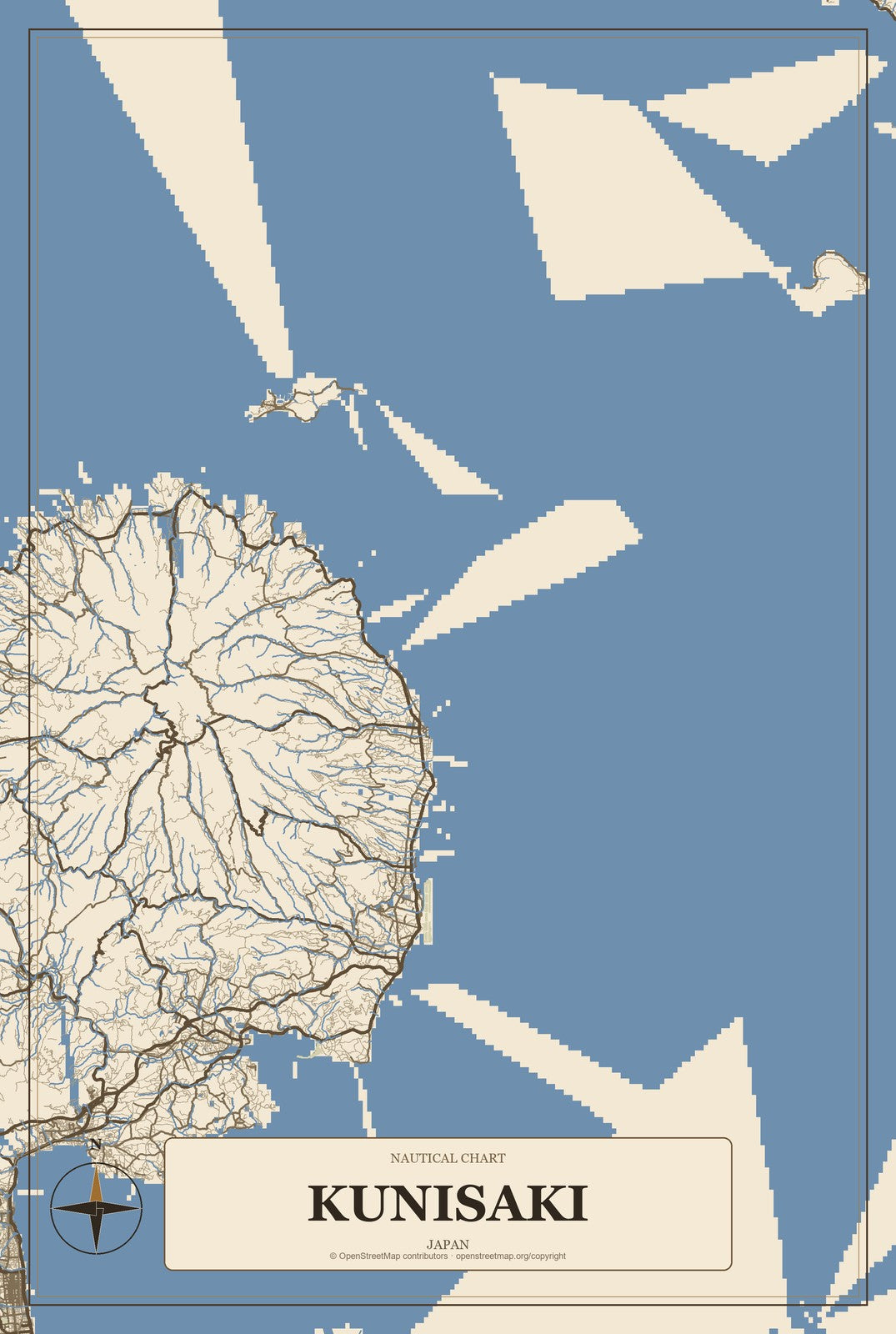 Kunisaki, Japan City Map Aluminum Sign in Heritage Nautical style