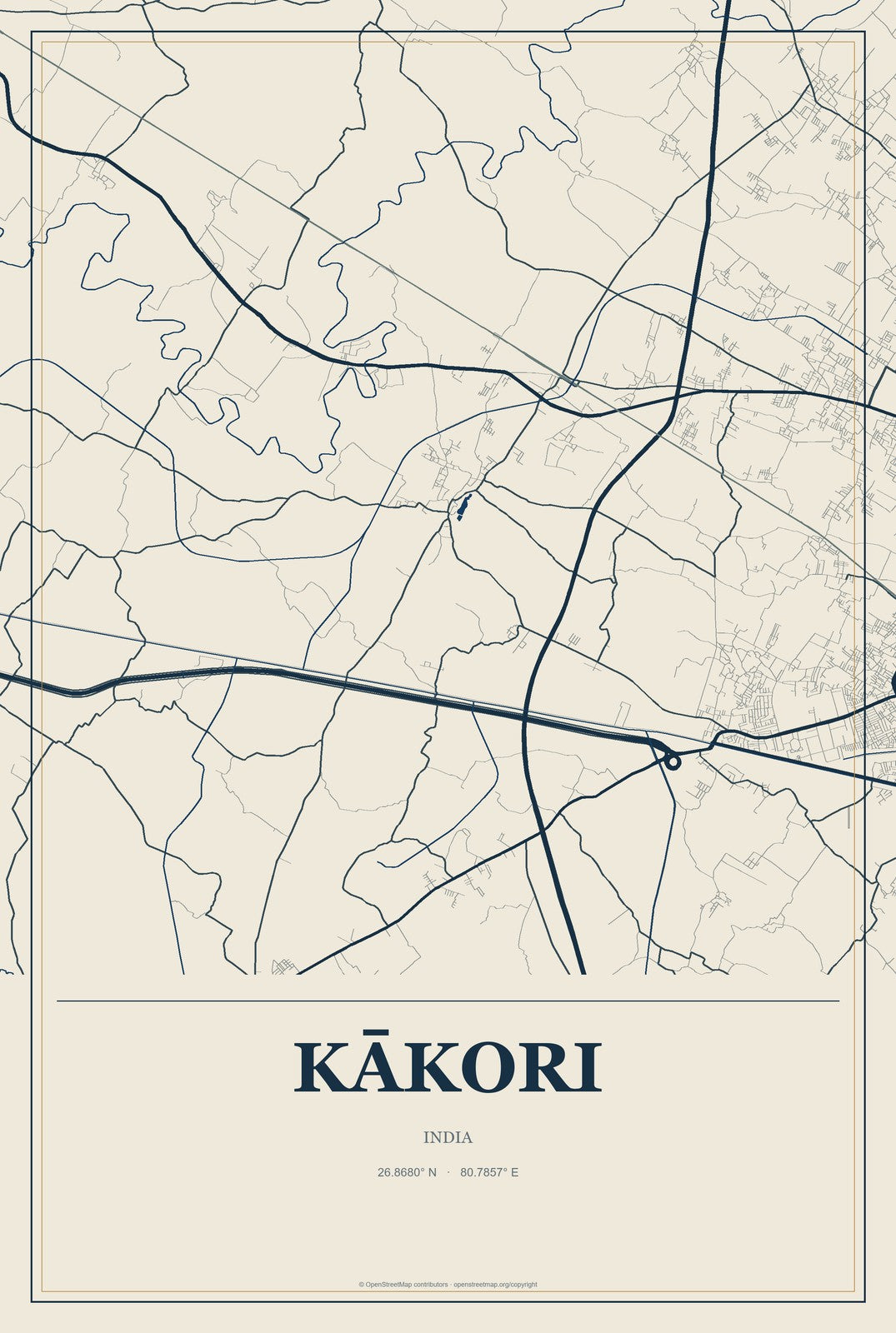 Kākori, India City Map Aluminum Sign in Coastal Cutout style