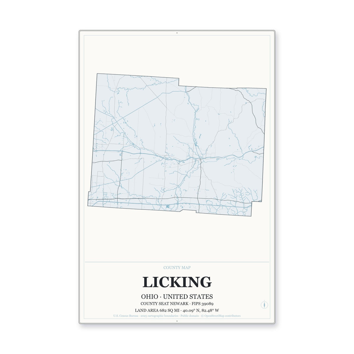 Licking County, Ohio Map Aluminum Sign in Gallery Air style