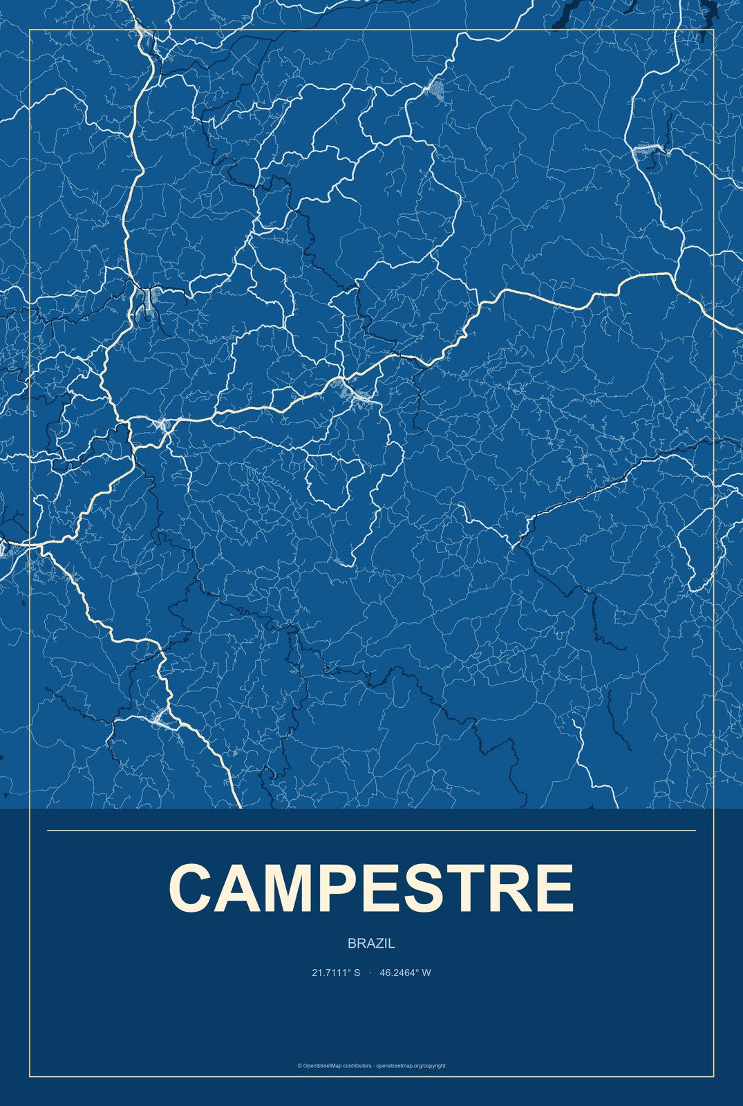 Campestre, Brazil City Map Aluminum Sign in Harbor Cobalt style