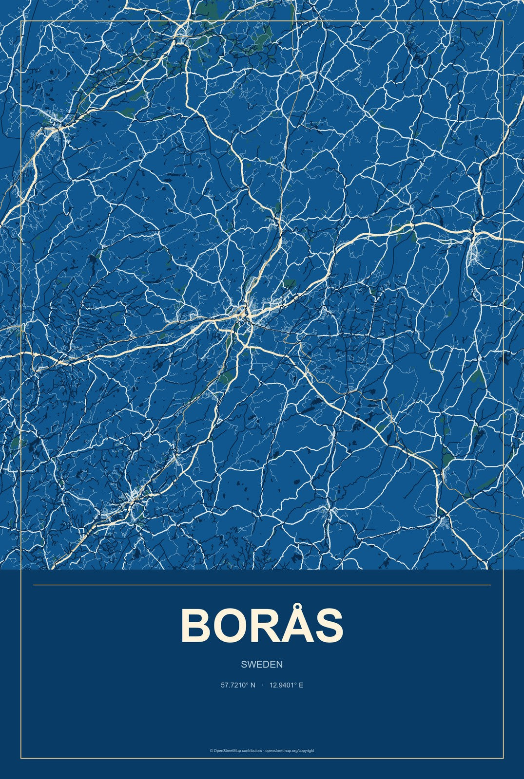 Borås, Sweden City Map Aluminum Sign in Harbor Cobalt style