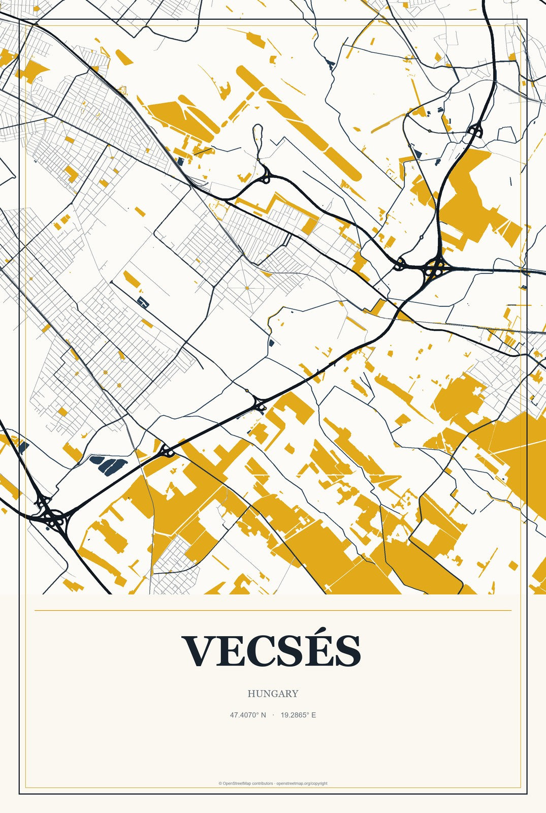 Vecsés, Hungary City Map Aluminum Sign in Citrine Modern style
