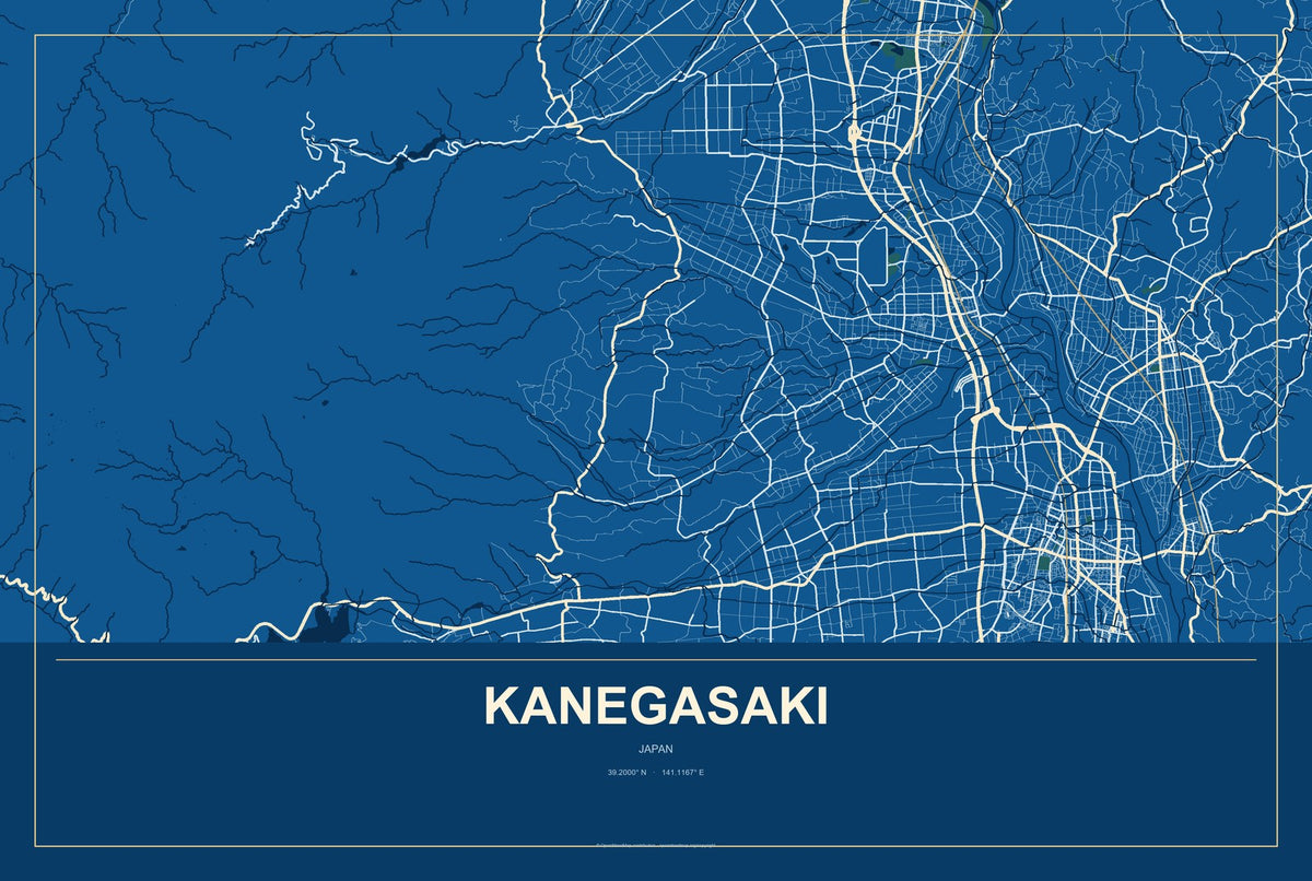 Kanegasaki, Japan City Map Aluminum Sign in Harbor Cobalt style