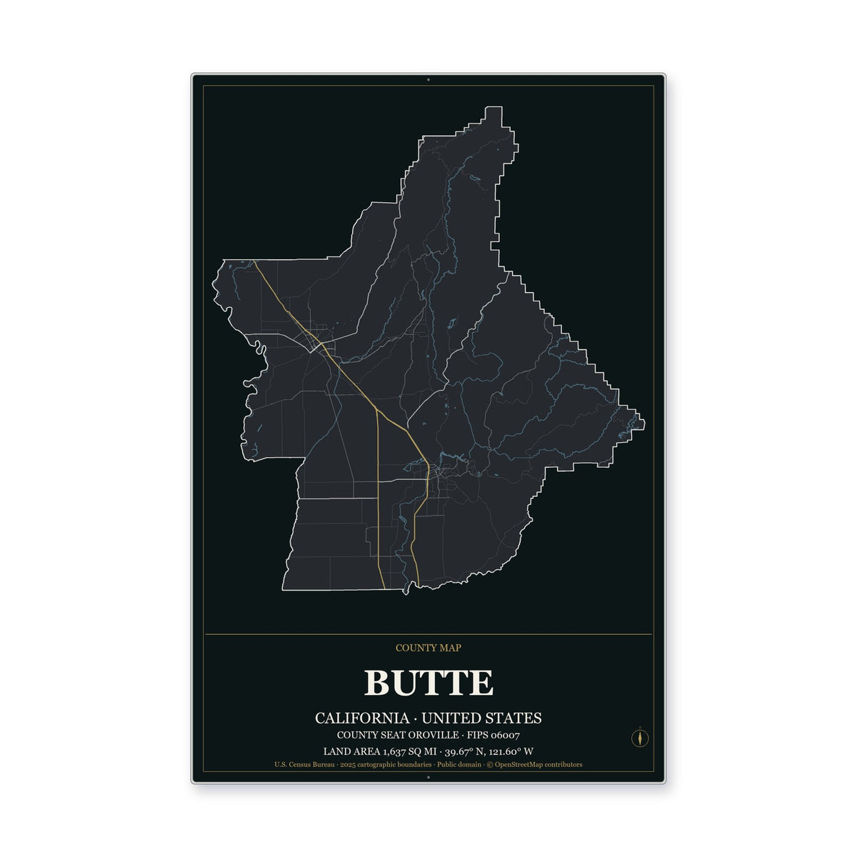 Butte County, California Map Aluminum Sign in Metropolitan Noir style