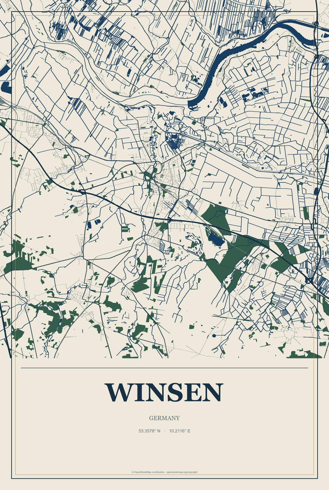 Winsen, Germany City Map Aluminum Sign in Coastal Cutout style