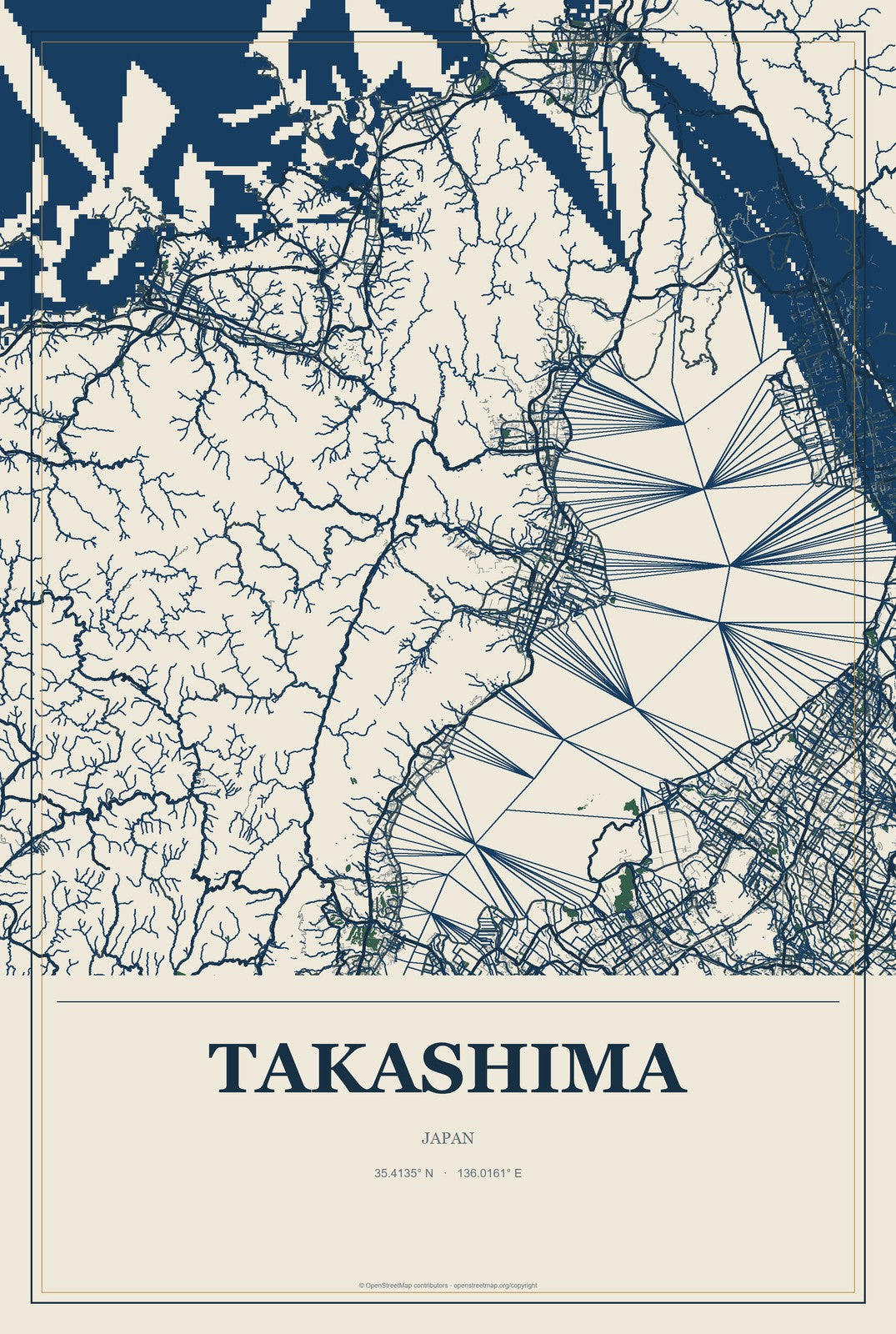 Takashima, Japan City Map Aluminum Sign in Coastal Cutout style
