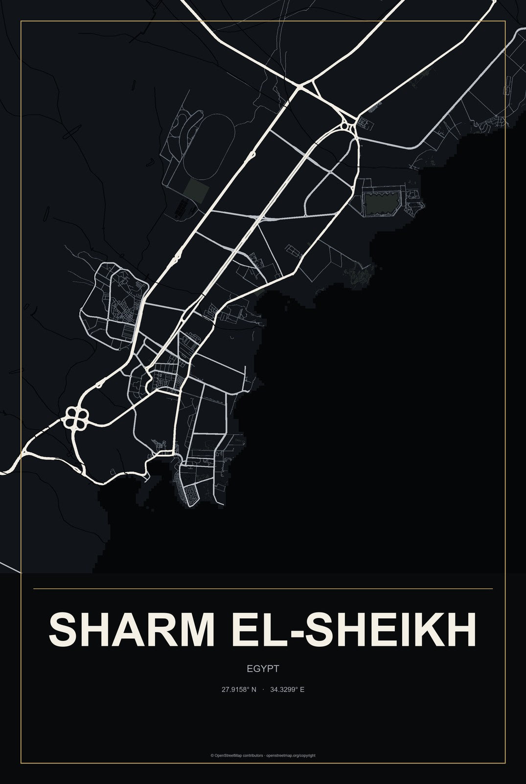 Sharm el-Sheikh, Egypt City Map Aluminum Sign in Metropolitan Noir style
