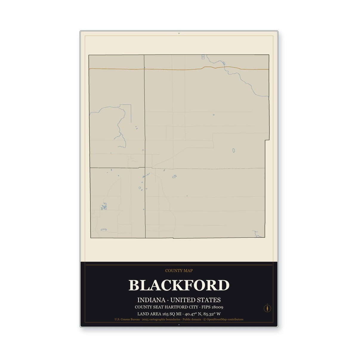Blackford County, Indiana Map Aluminum Sign in Museum Plaque style