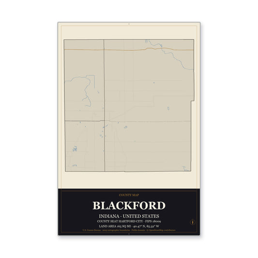 Blackford County, Indiana Map Aluminum Sign in Museum Plaque style