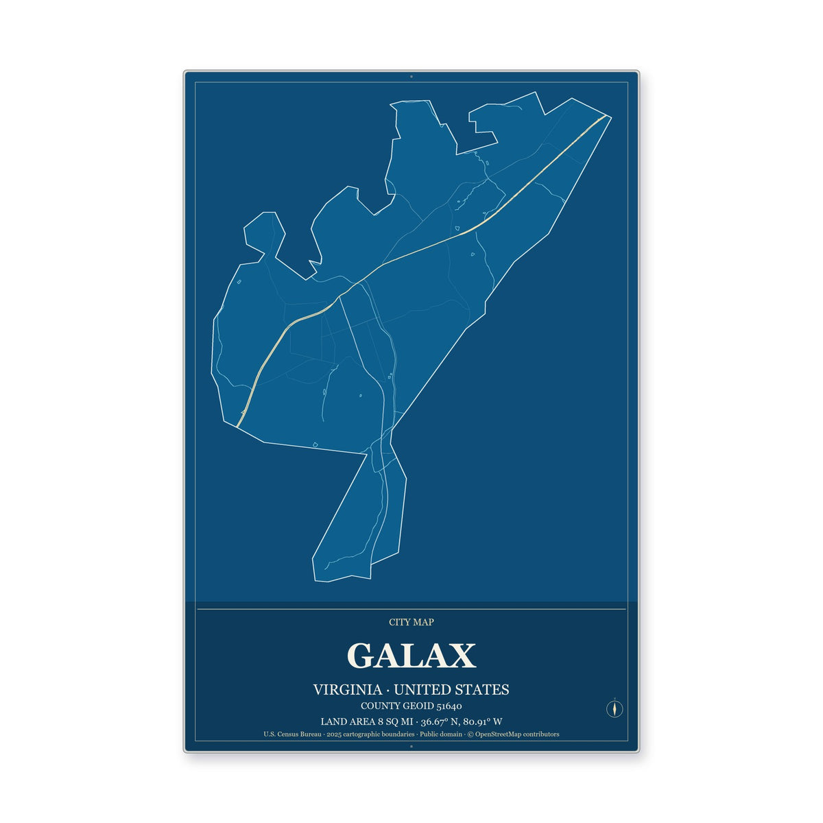 Galax city, Virginia Map Aluminum Sign in Harbor Cobalt style