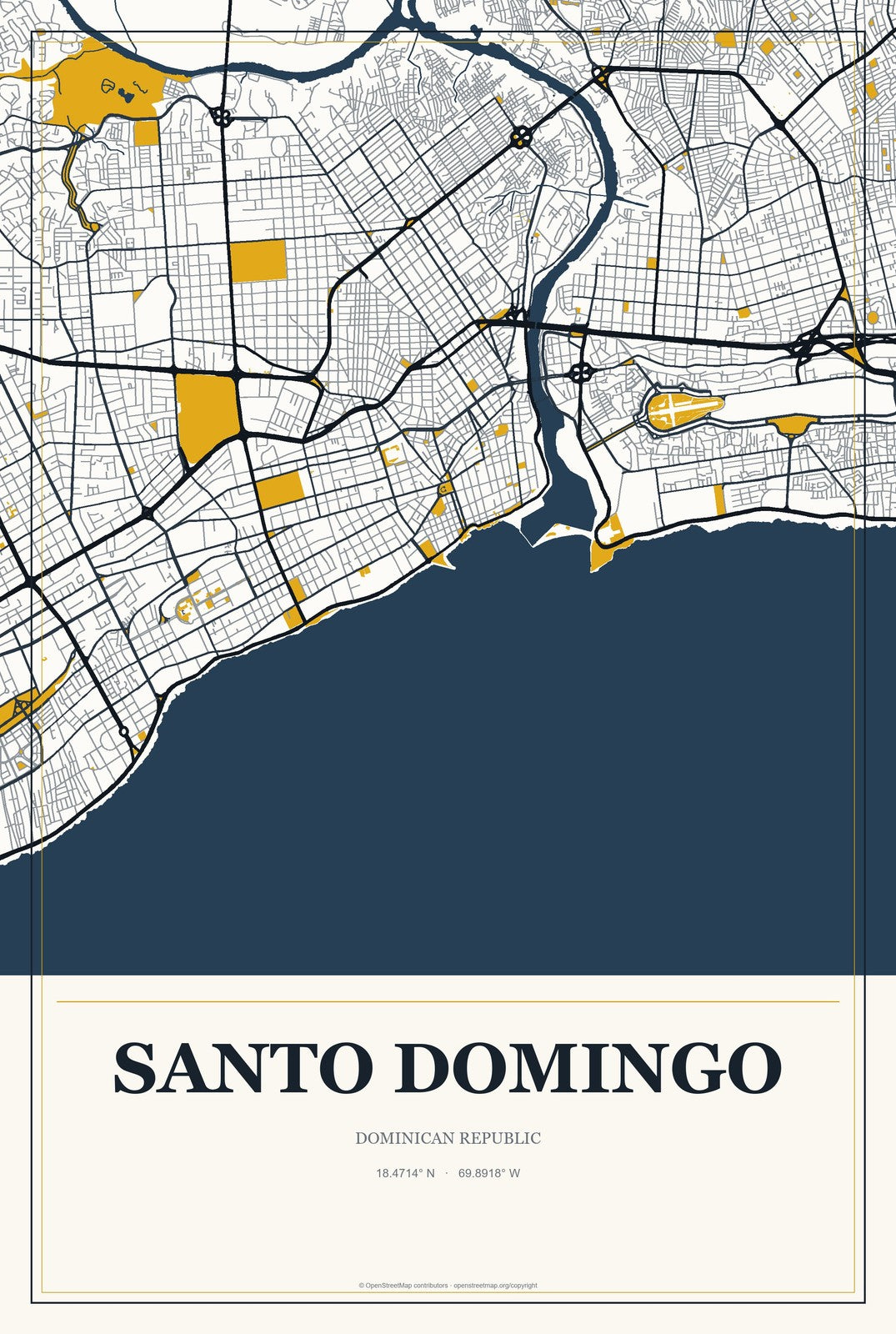 Santo Domingo, Dominican Republic City Map Aluminum Sign in Citrine Modern style
