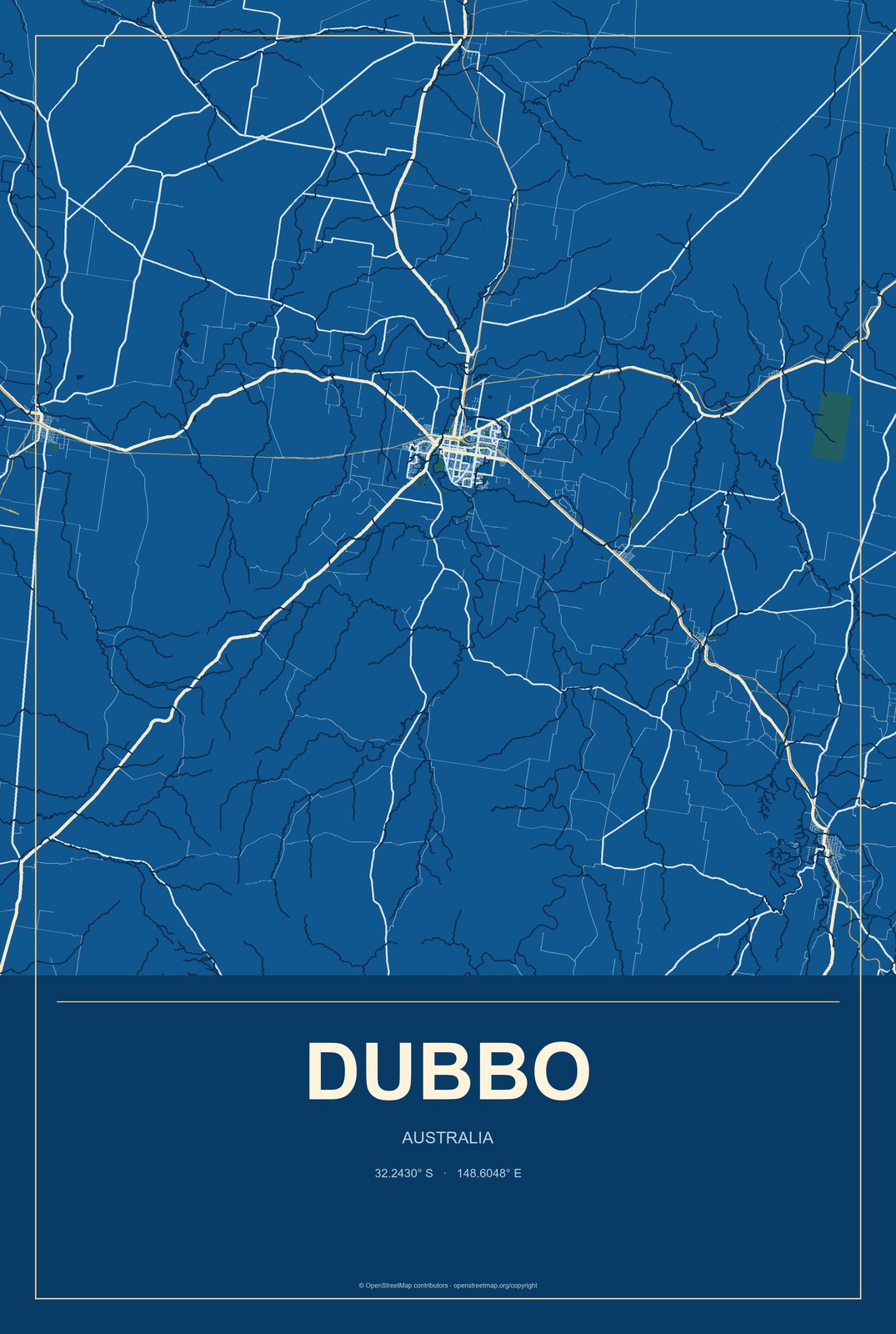 Dubbo, Australia City Map Aluminum Sign in Harbor Cobalt style