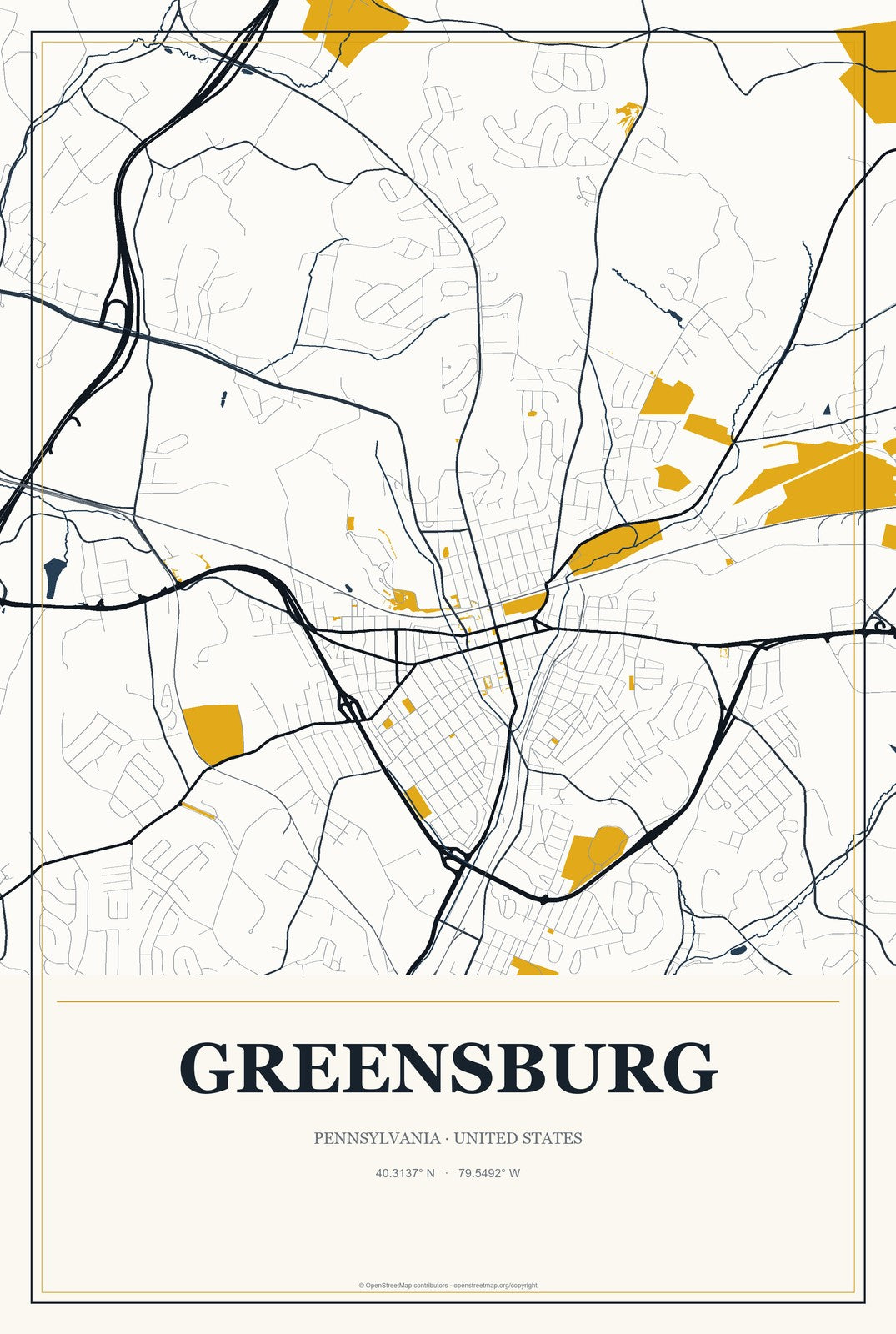 Greensburg, Pennsylvania City Map Aluminum Sign in Citrine Modern style