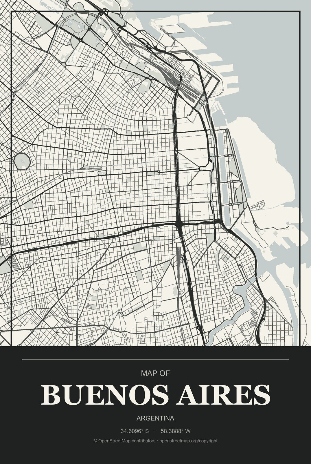 Buenos Aires, Argentina City Map Aluminum Sign in Museum Plaque style
