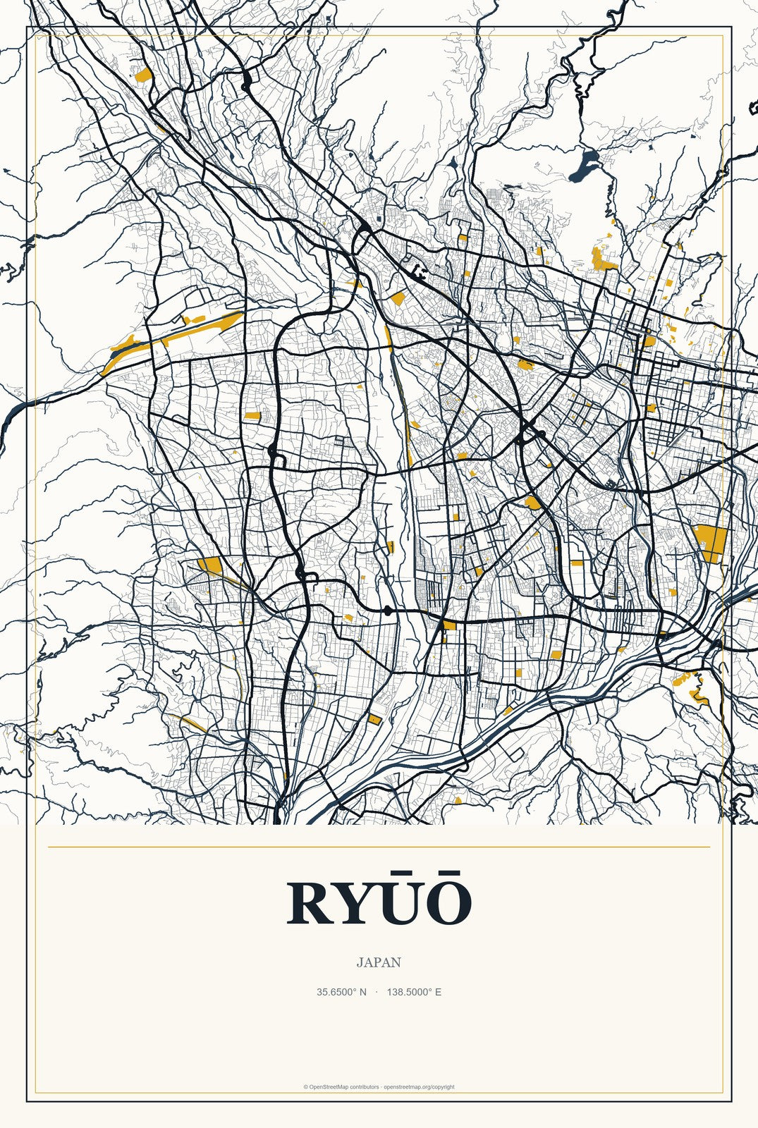 Ryūō, Yamanashi, Japan City Map Aluminum Sign in Citrine Modern style