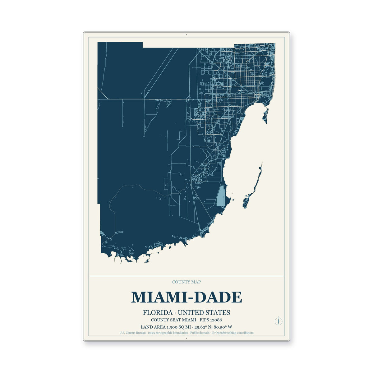 Miami-Dade County, Florida Map Aluminum Sign in Coastal Cutout style