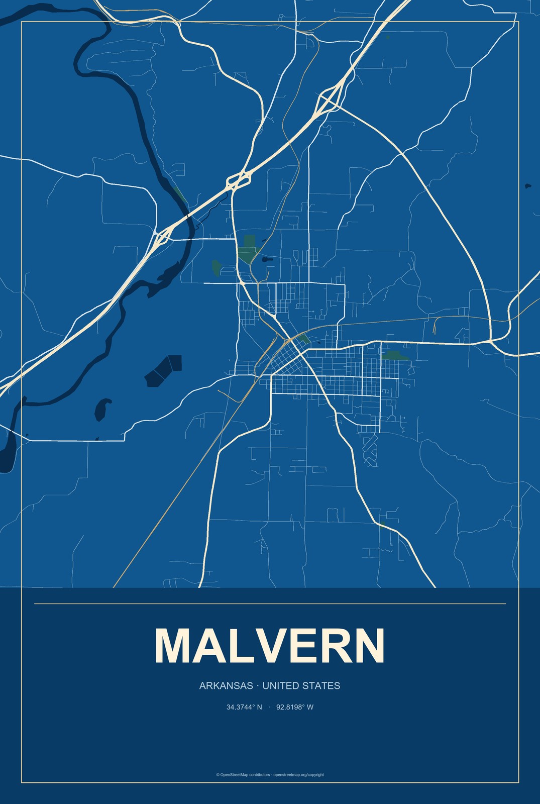 Malvern, Arkansas City Map Aluminum Sign in Harbor Cobalt style