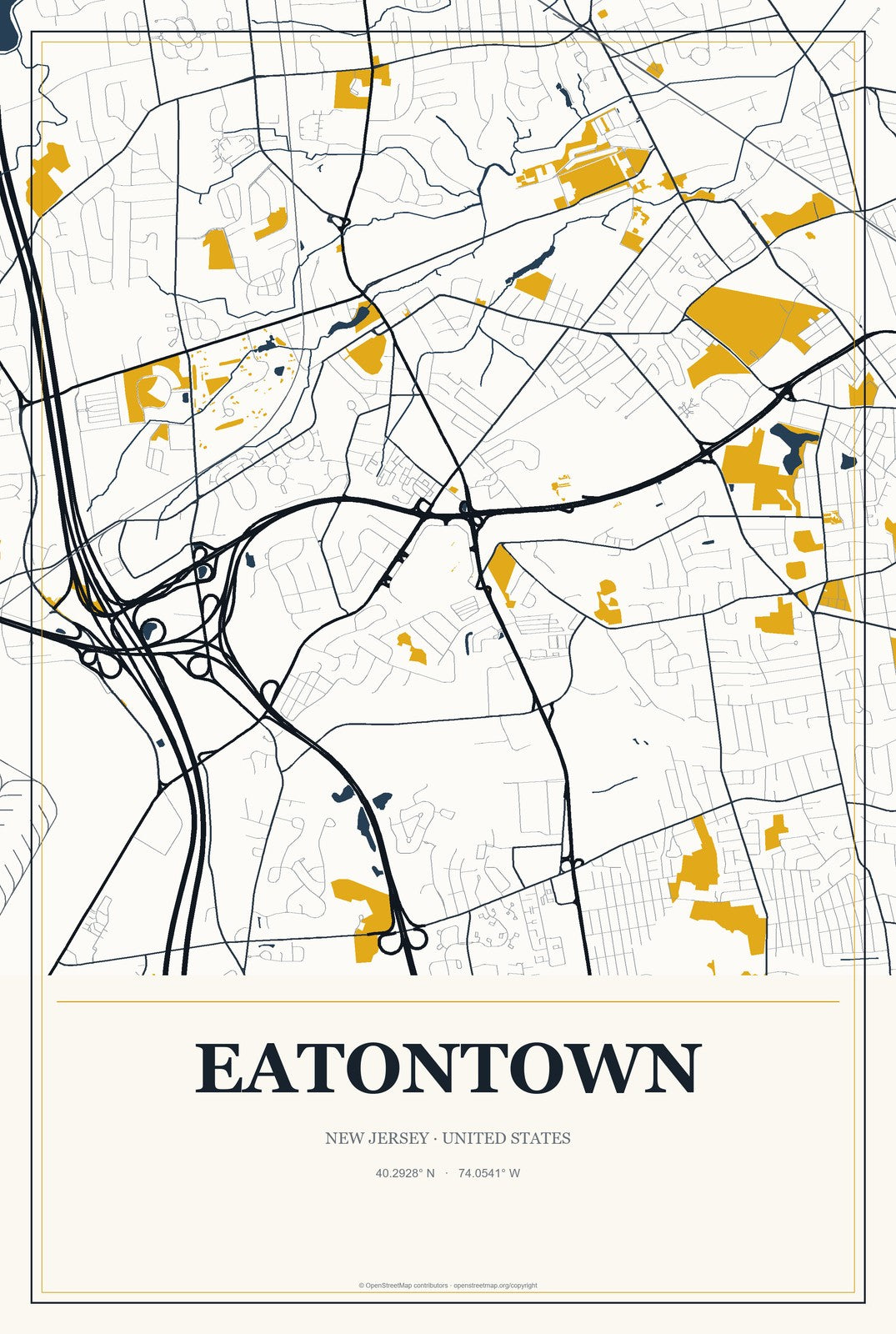 Eatontown, New Jersey City Map Aluminum Sign in Citrine Modern style
