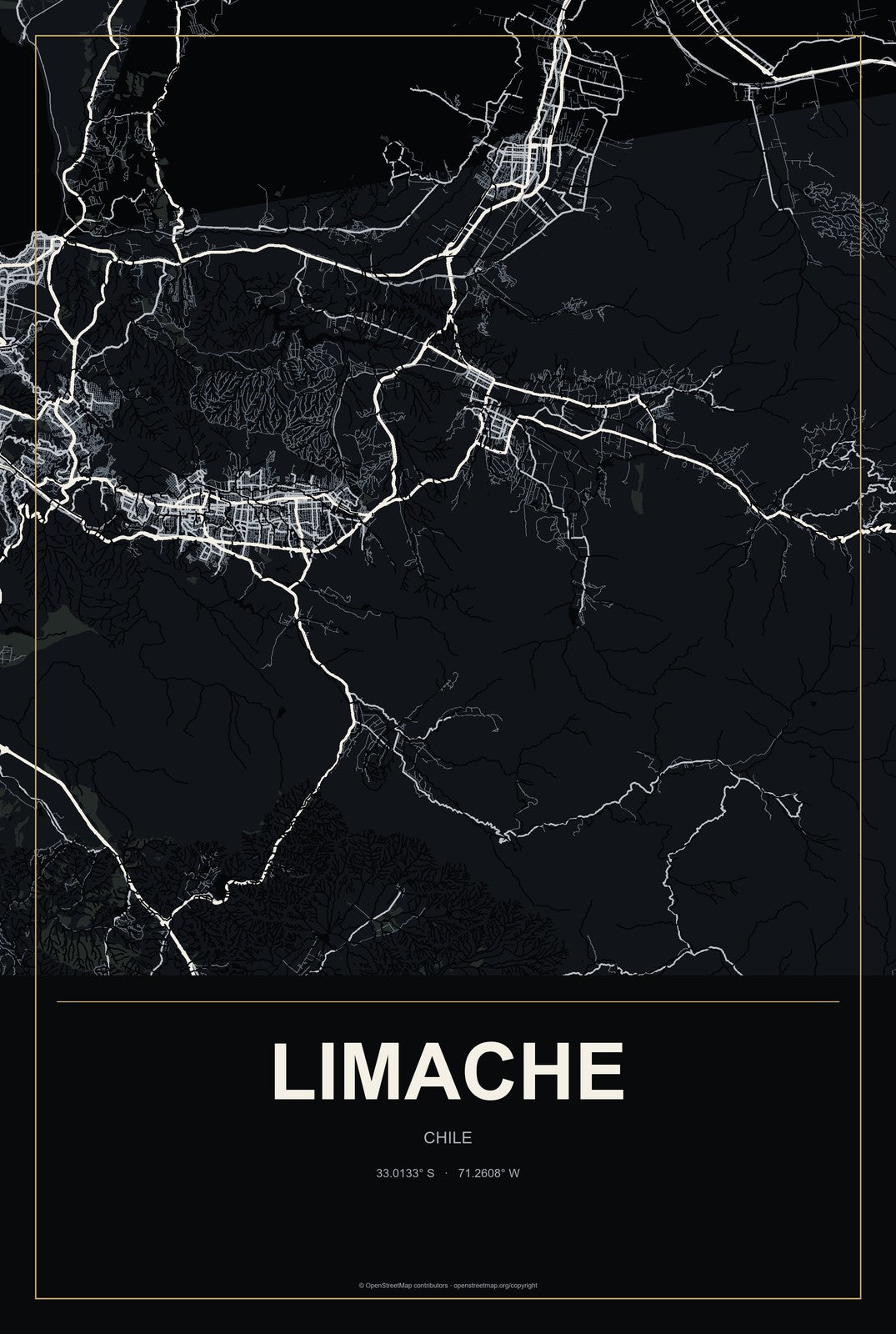 Limache, Chile City Map Aluminum Sign in Metropolitan Noir style
