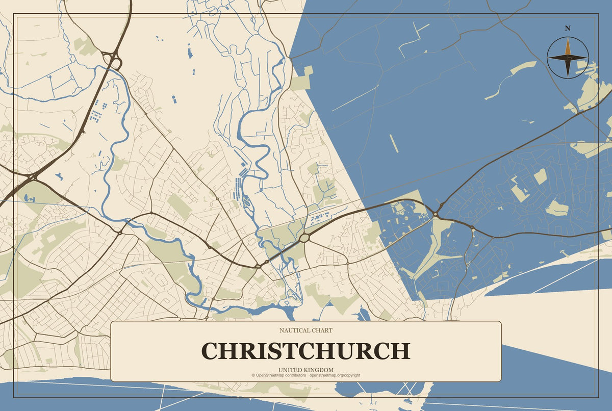 Christchurch, United Kingdom City Map Aluminum Sign in Heritage Nautical style
