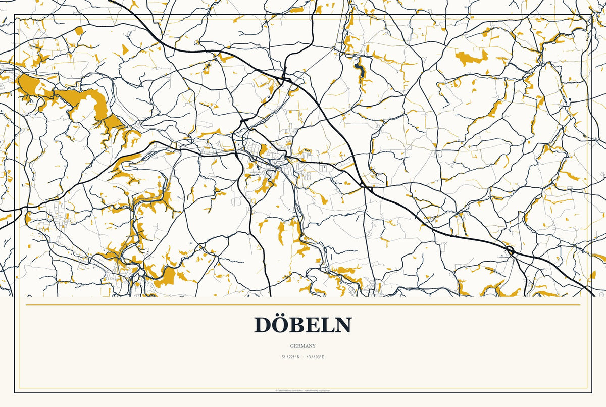 Döbeln, Germany City Map Aluminum Sign in Citrine Modern style