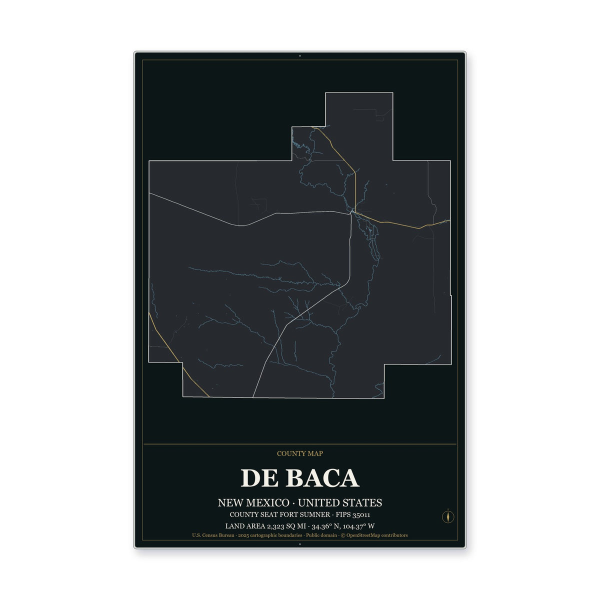 De Baca County, New Mexico Map Aluminum Sign in Metropolitan Noir style