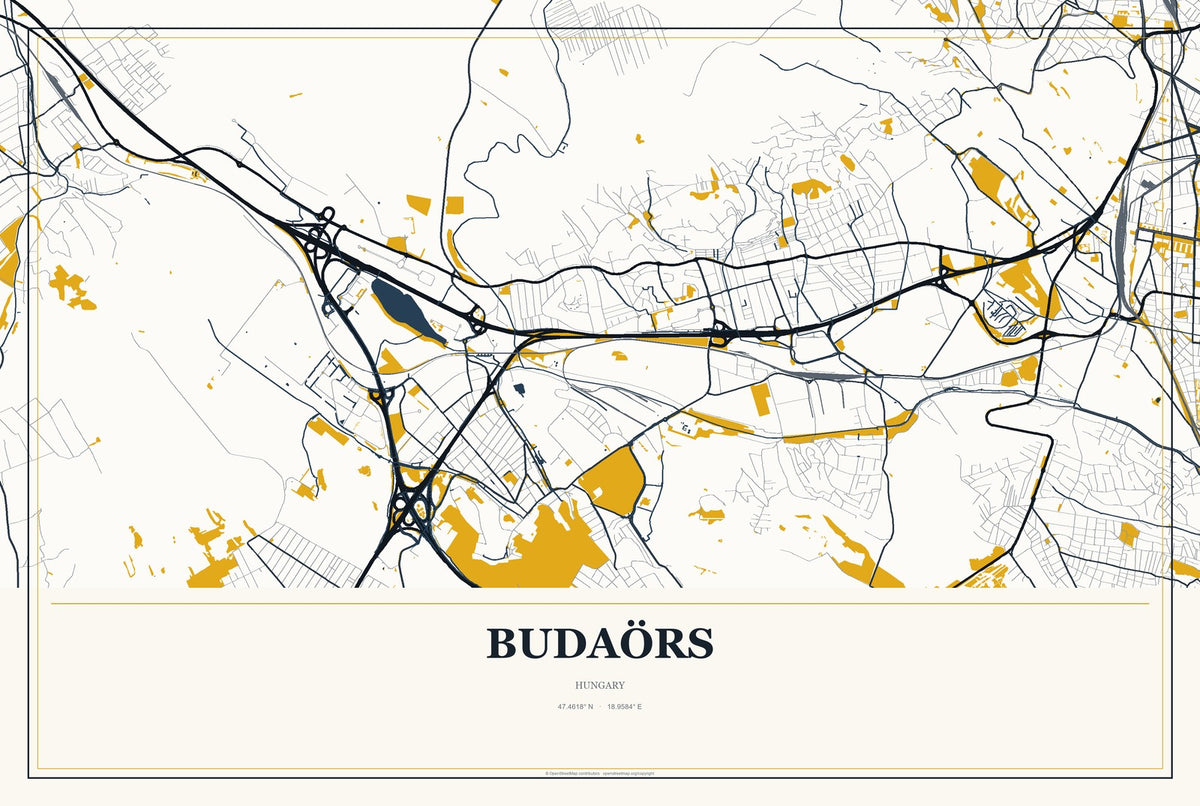 Budaörs, Hungary City Map Aluminum Sign in Citrine Modern style