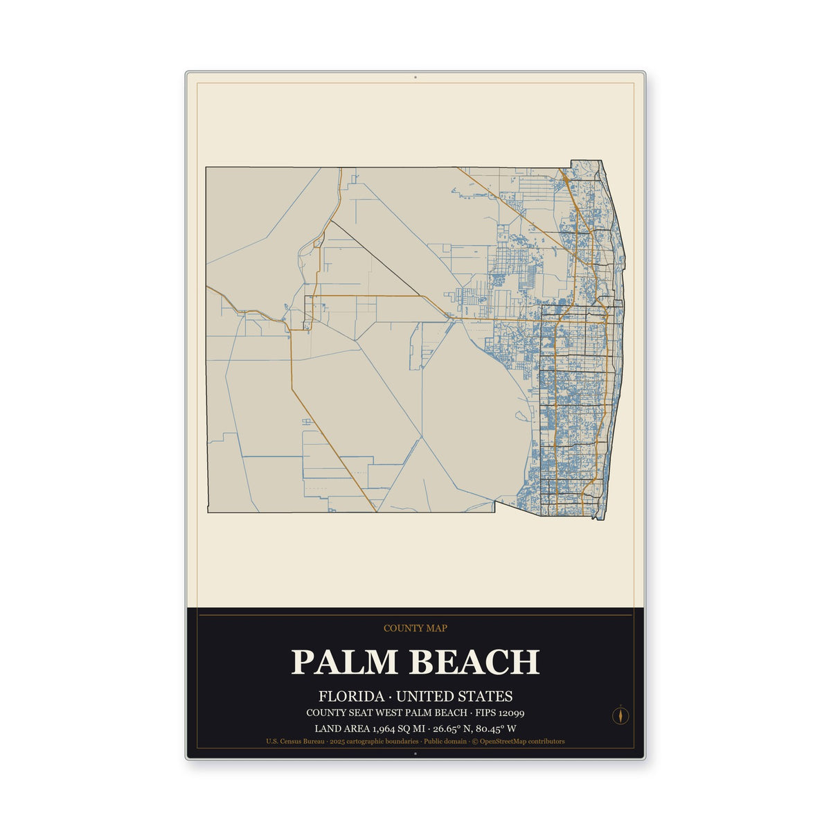 Palm Beach County, Florida Map Aluminum Sign in Museum Plaque style