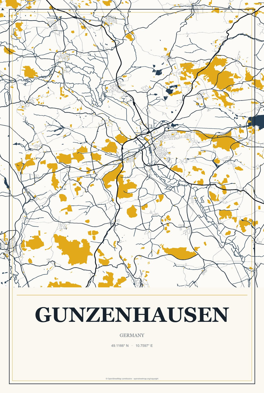 Gunzenhausen, Germany City Map Aluminum Sign in Citrine Modern style