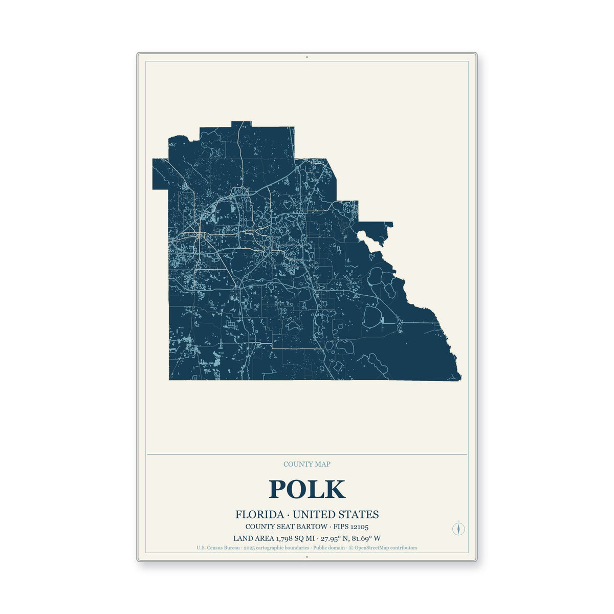 Polk County, Florida Map Aluminum Sign in Coastal Cutout style