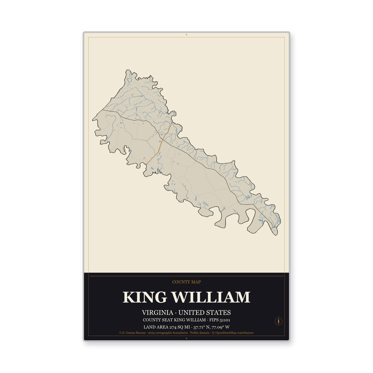 King William County, Virginia Map Aluminum Sign in Museum Plaque style