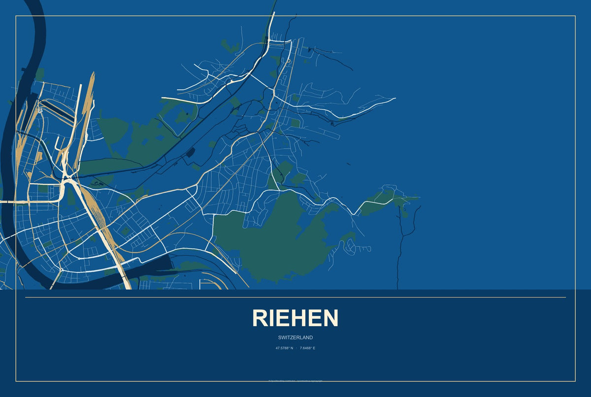 Riehen, Switzerland City Map Aluminum Sign in Harbor Cobalt style