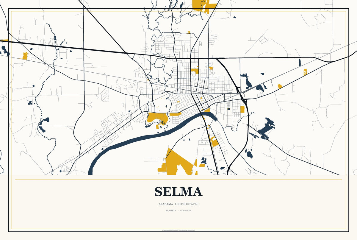 Selma, Alabama City Map Aluminum Sign in Citrine Modern style
