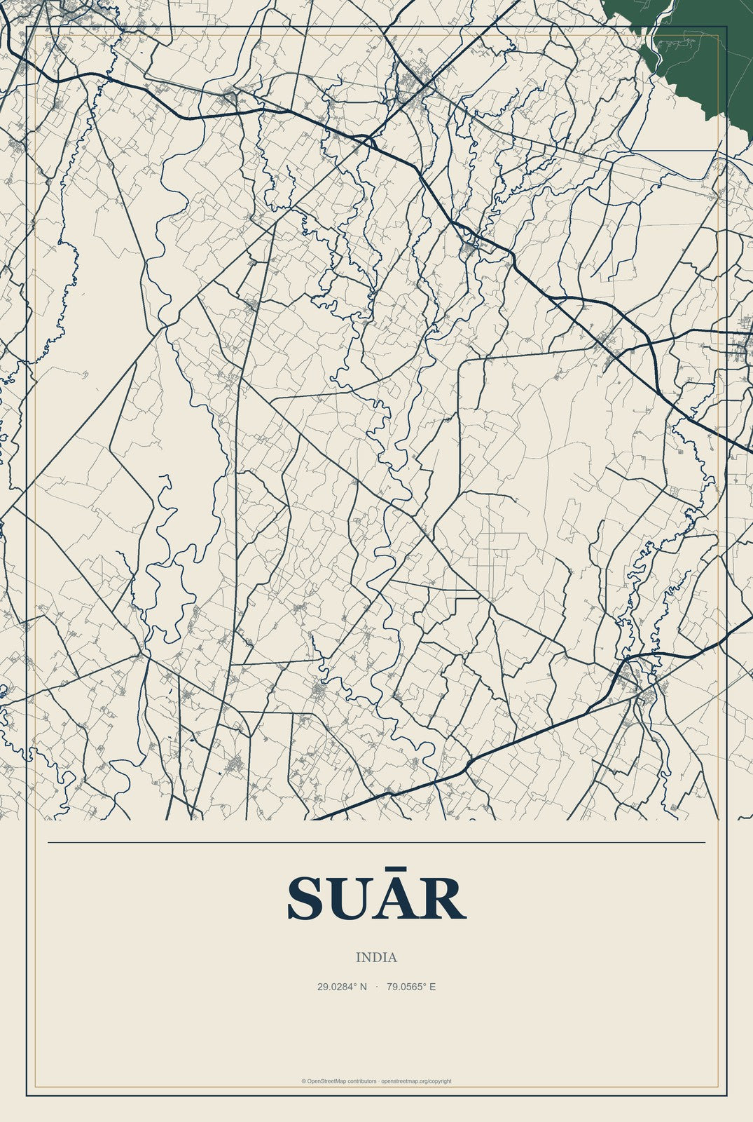 Suār, India City Map Aluminum Sign in Coastal Cutout style