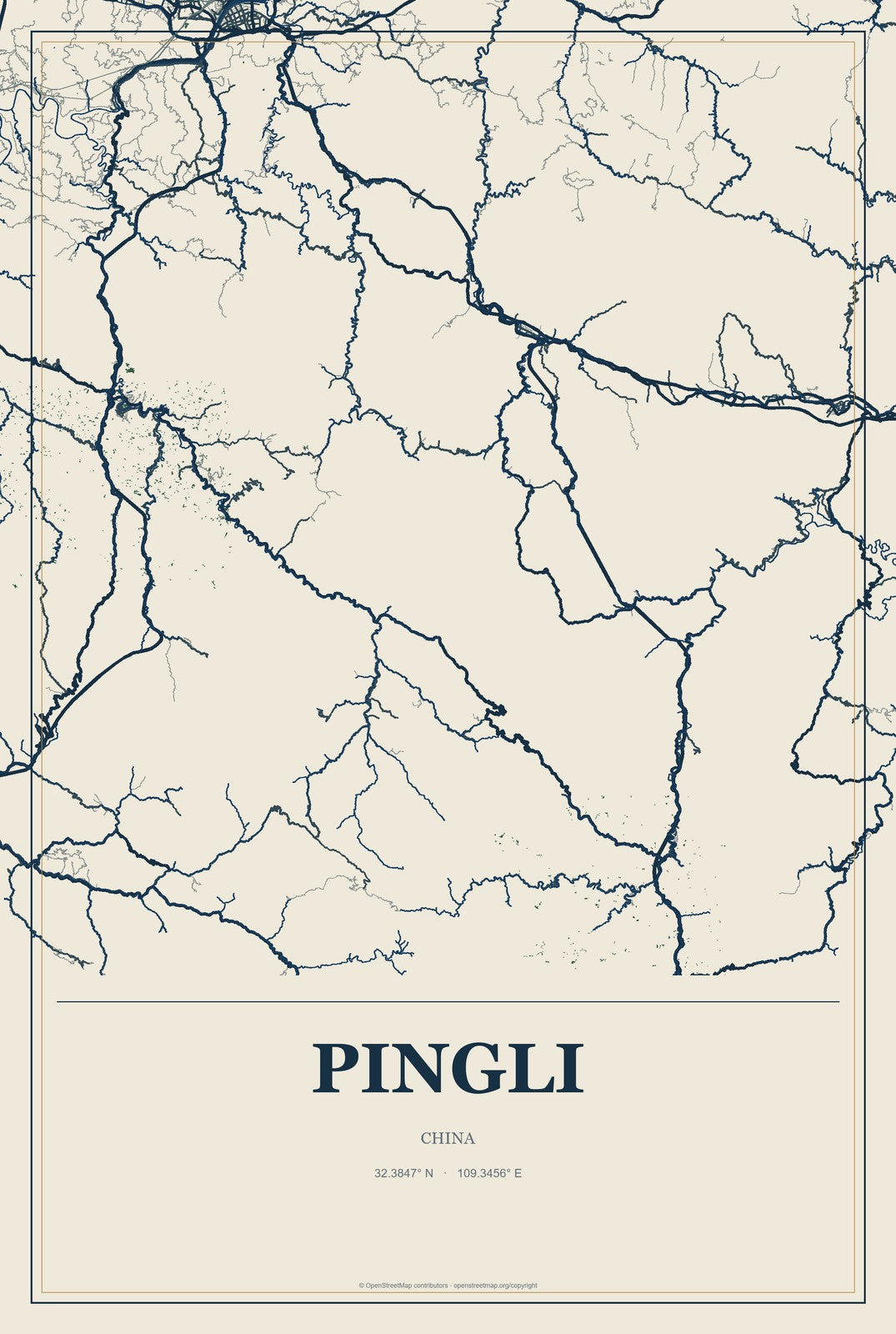Pingli, China City Map Aluminum Sign in Coastal Cutout style