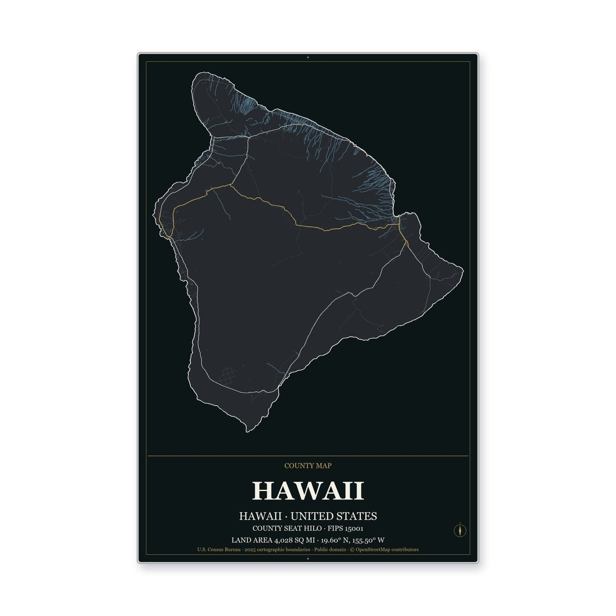 Hawaii County, Hawaii Map Aluminum Sign in Metropolitan Noir style