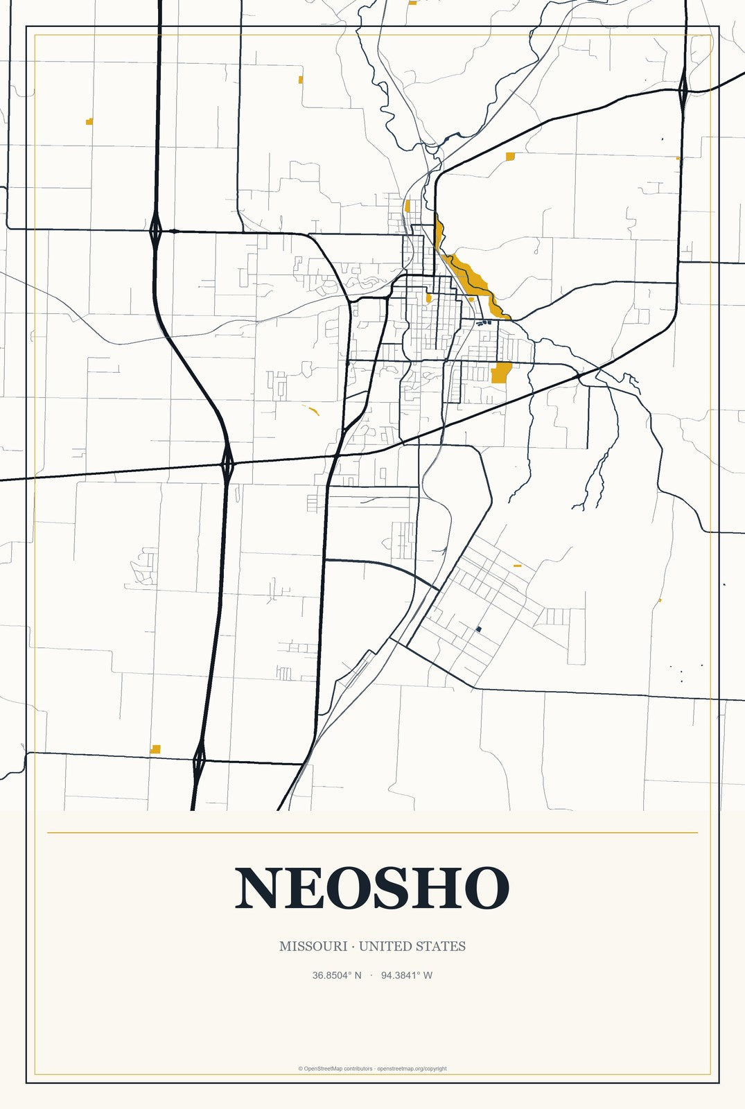 Neosho, Missouri City Map Aluminum Sign in Citrine Modern style