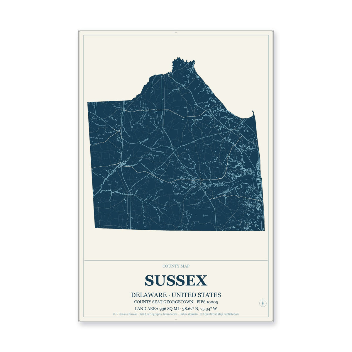 Sussex County, Delaware Map Aluminum Sign in Coastal Cutout style