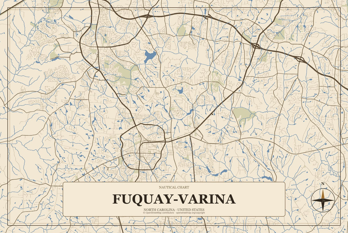 Fuquay-Varina, North Carolina City Map Aluminum Sign in Heritage Nautical style