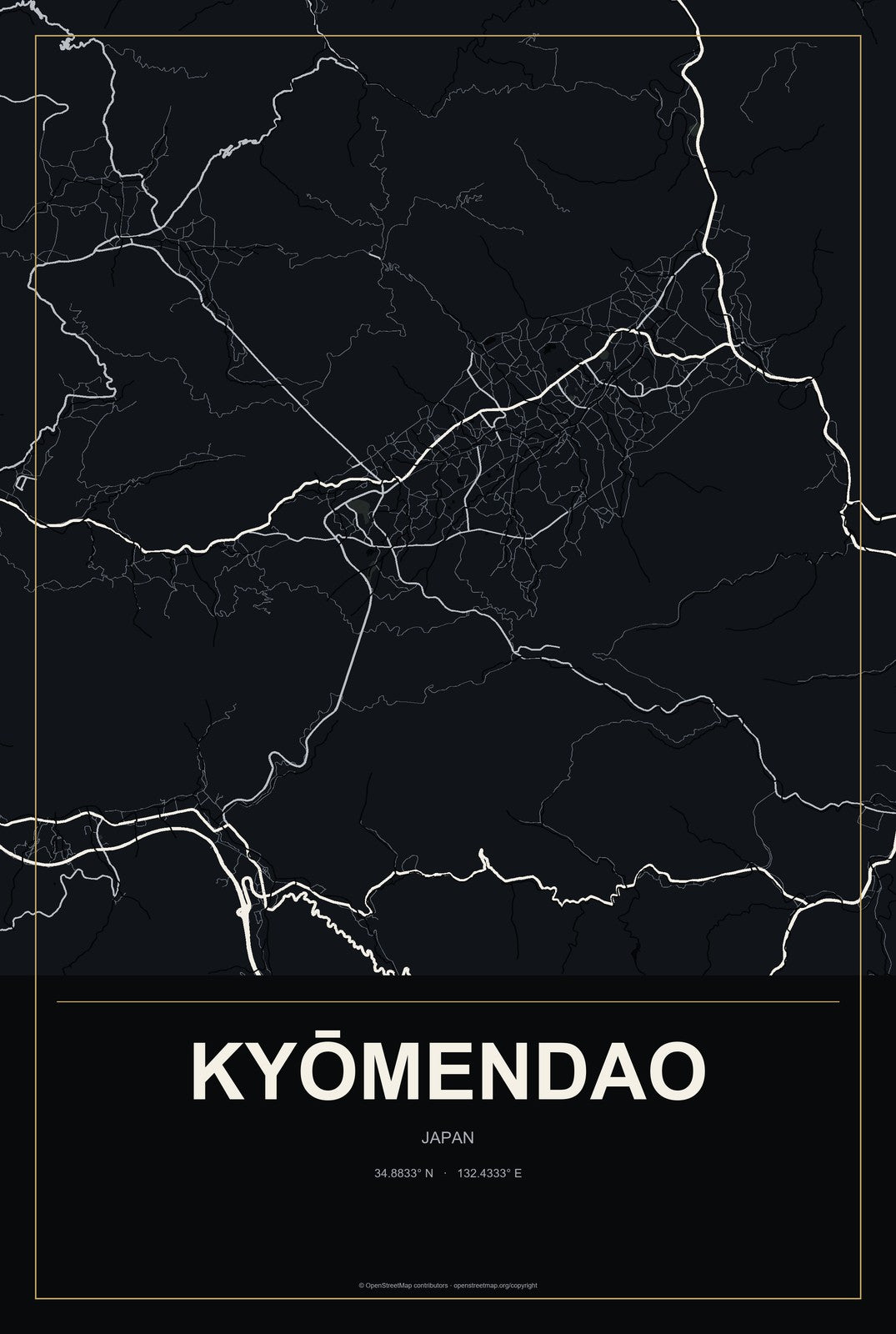 Kyōmendao, Japan City Map Aluminum Sign in Metropolitan Noir style