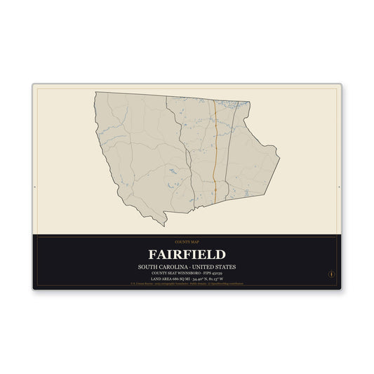 Fairfield County, South Carolina Map Aluminum Sign in Museum Plaque style